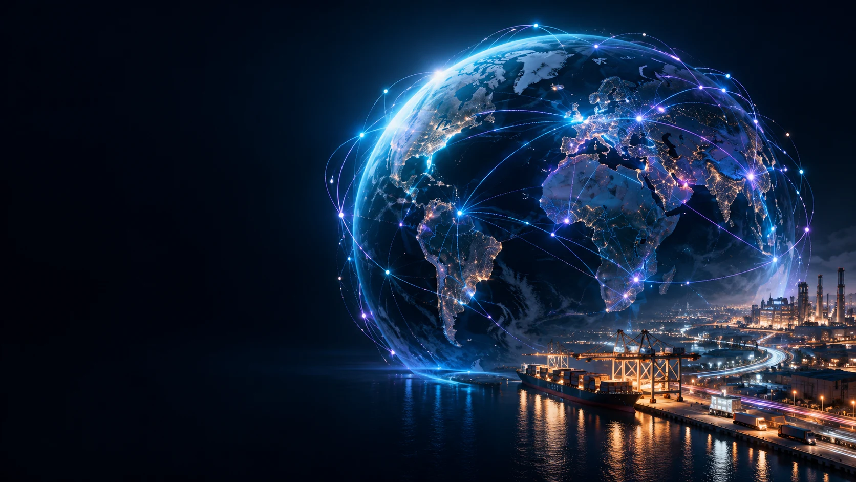 Futuristic visualization of a connected global manufacturing and trade network