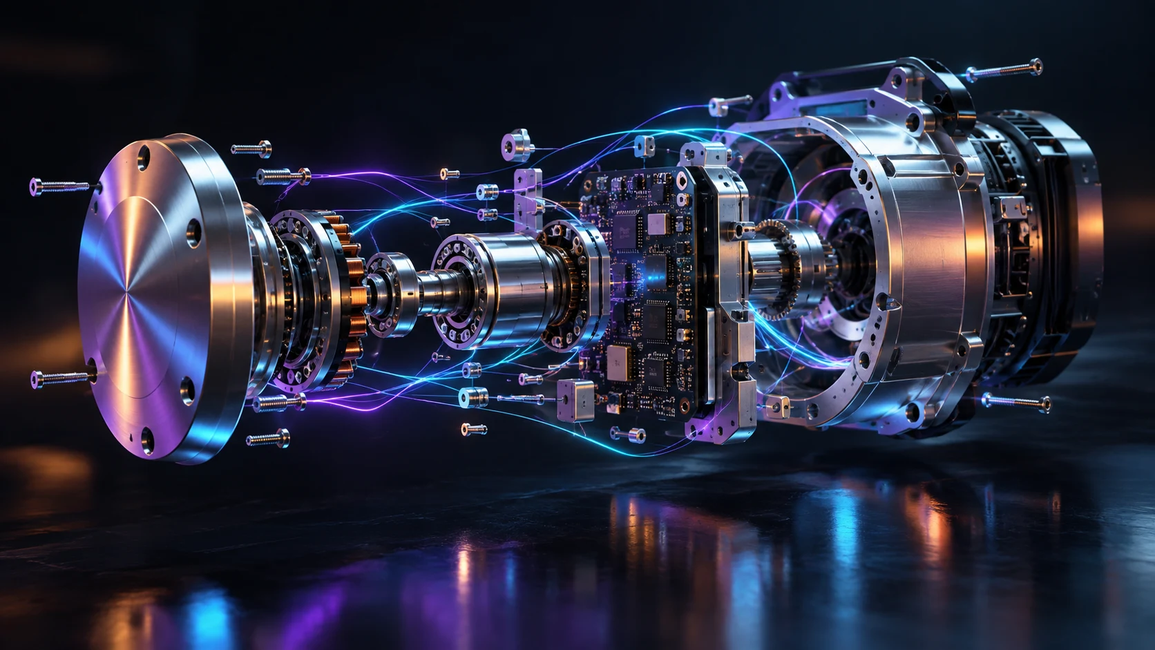 Concept of an exploded mechanical and electronic assembly connected by digital threads